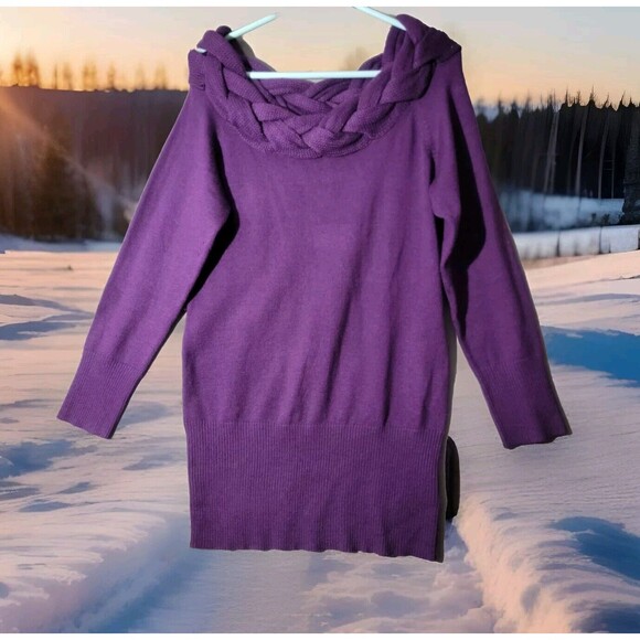 Venus Purple Tunic Sweater Dress Size Large Braided Neck Winterwear Work Chic - Picture 1 of 10